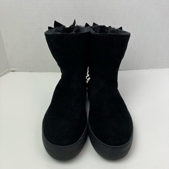 J/Slides Sz 8.5 Ruffle Back Platform Ankle Booties Black Suede Faux-fur Lined - Picture 2 of 16